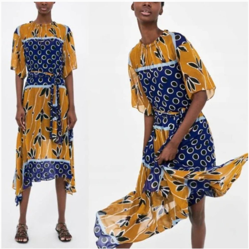 ZARA Mustard & Navy Handkerchief Midi Dress NWT szXS